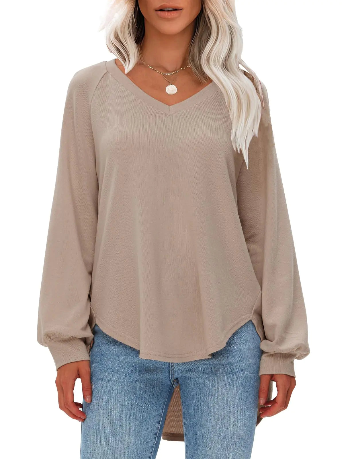 EXLURA Womens Spring Oversized V Neck Tunic Tops 2025 Casual Long Sleeve Shirts Lightweight Soft Sweater Curved Hem T Shirts Brown