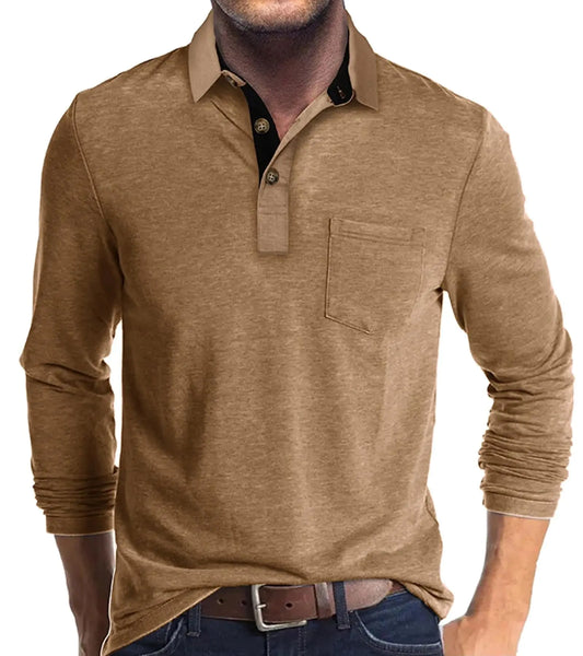 koufland Men Polo Shirts with Pocket Fashion Casual Dress Button T-Shirt Long Sleeve Lightweight Shirts Collar Shirts Fall Winter Spring Top(1-KhakiSmall)