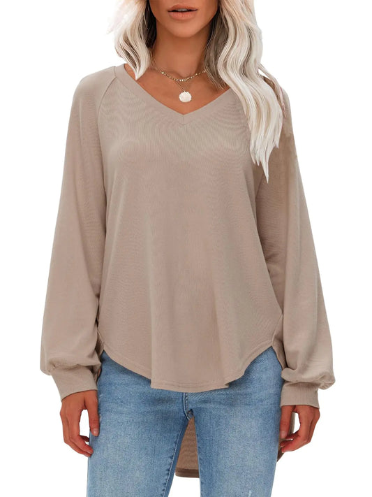 EXLURA Womens Spring Oversized V Neck Tunic Tops 2025 Casual Long Sleeve Shirts Lightweight Soft Sweater Curved Hem T Shirts Brown