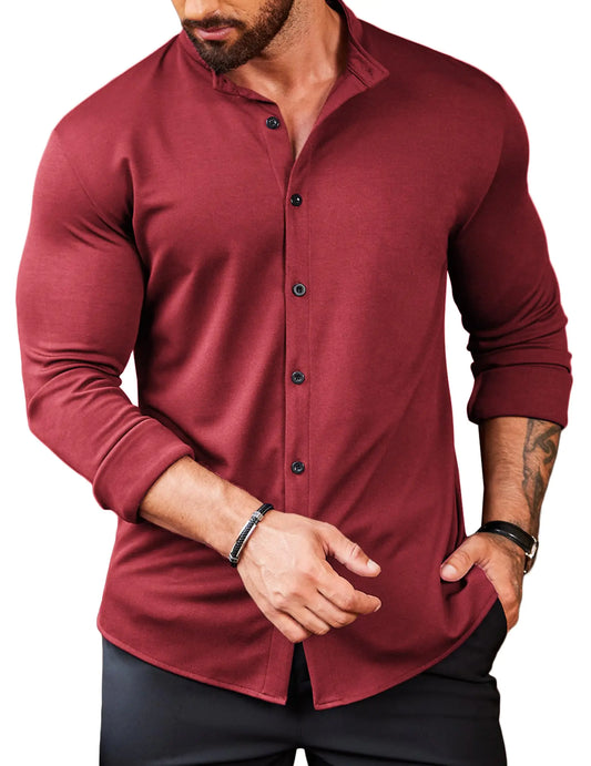 COOFANDY Men Casual Button Down Shirt Slim Fit Dress Shirts Long Sleeve Wrinkle Free Wine Red