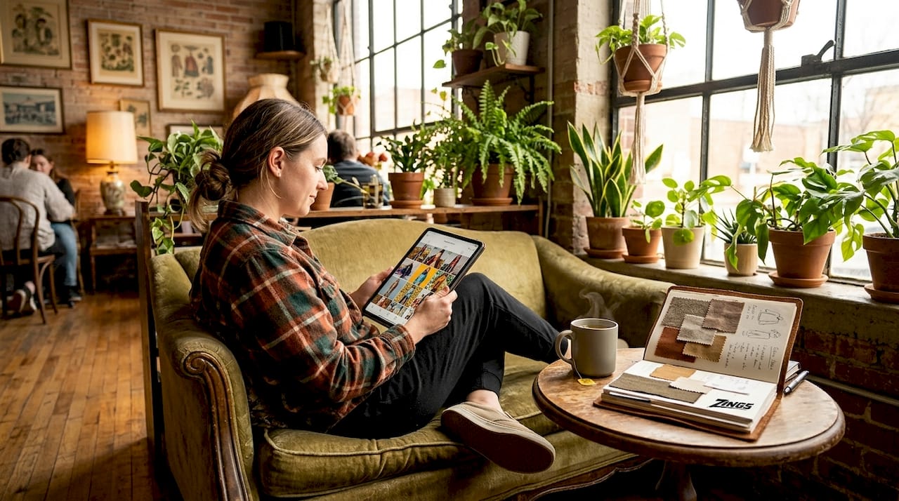 Woman tracking fashion trends on tablet at home