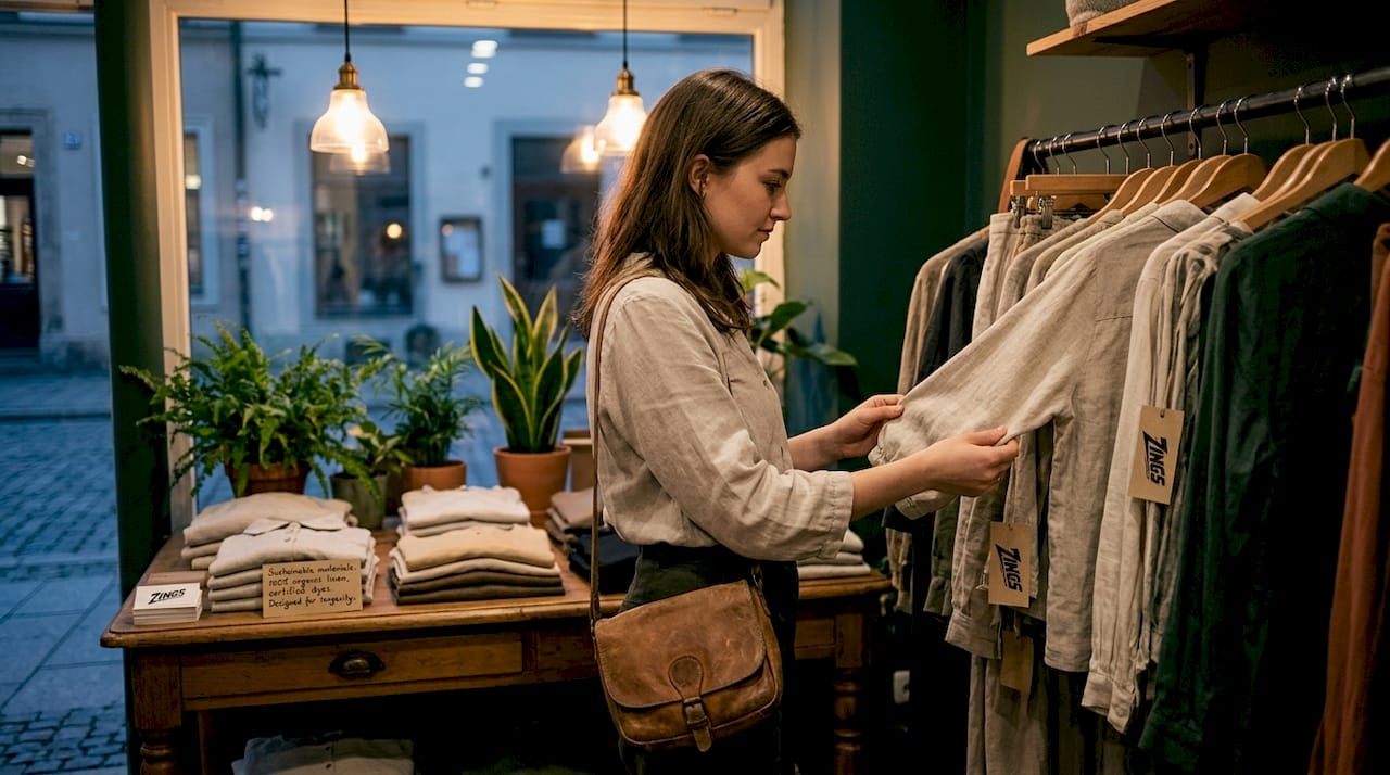 Woman comparing natural fiber clothing in boutique