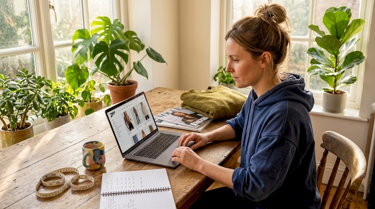 Woman shopping for clothes online in kitchen
