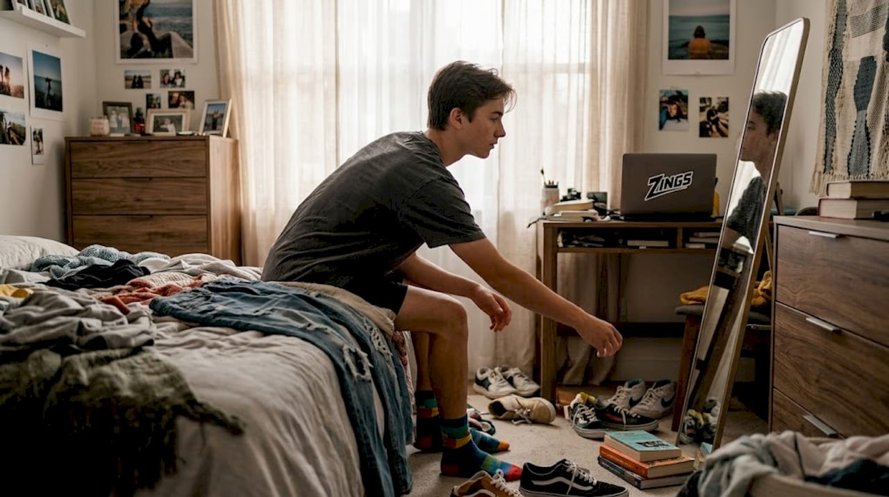 Teen assembles casual outfit in bedroom