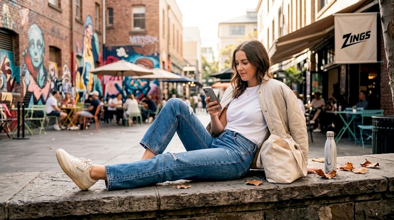 Woman in trendy jeans using phone in park
