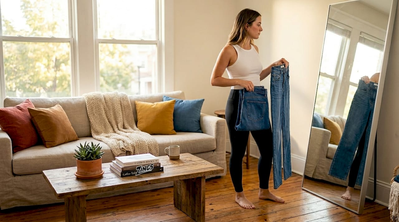 Woman comparing jeans fits at home mirror