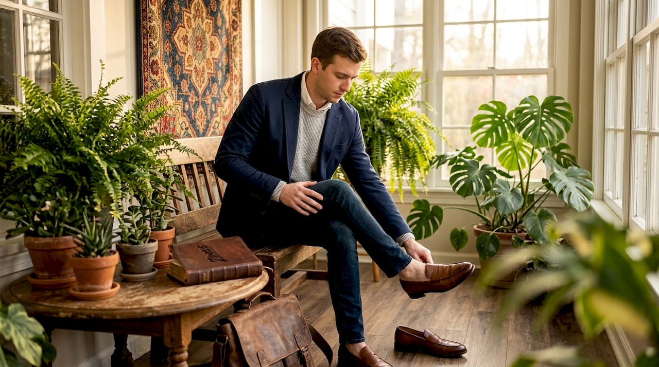 Man dressing smart casual in city apartment