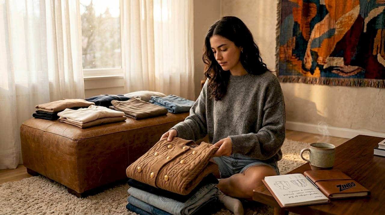 Woman sits on bed sorting trendy basics