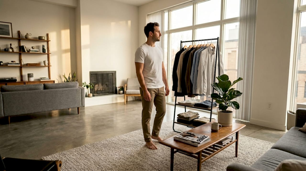 Man selecting outfit from casual wardrobe