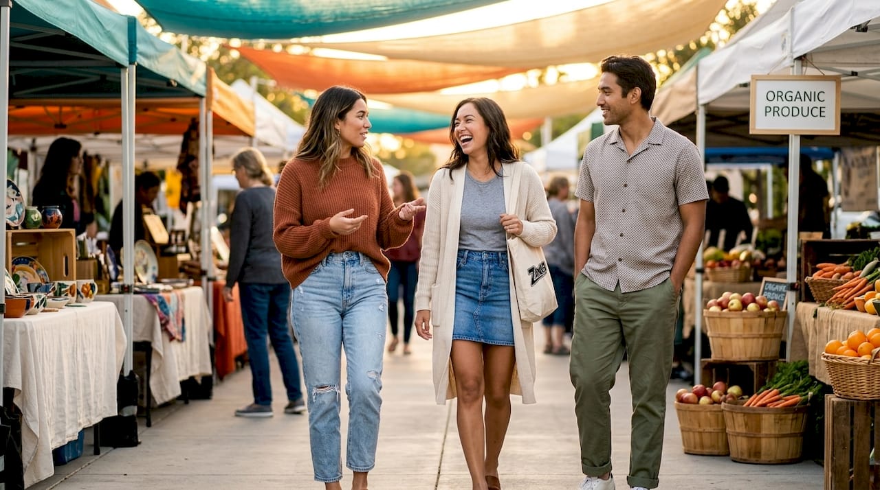 Friends in trendy casual outfits on city sidewalk