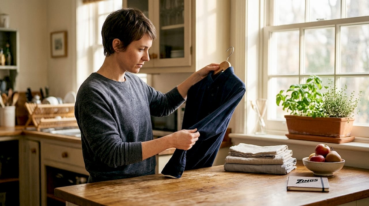 Woman inspecting shirt stitching in home