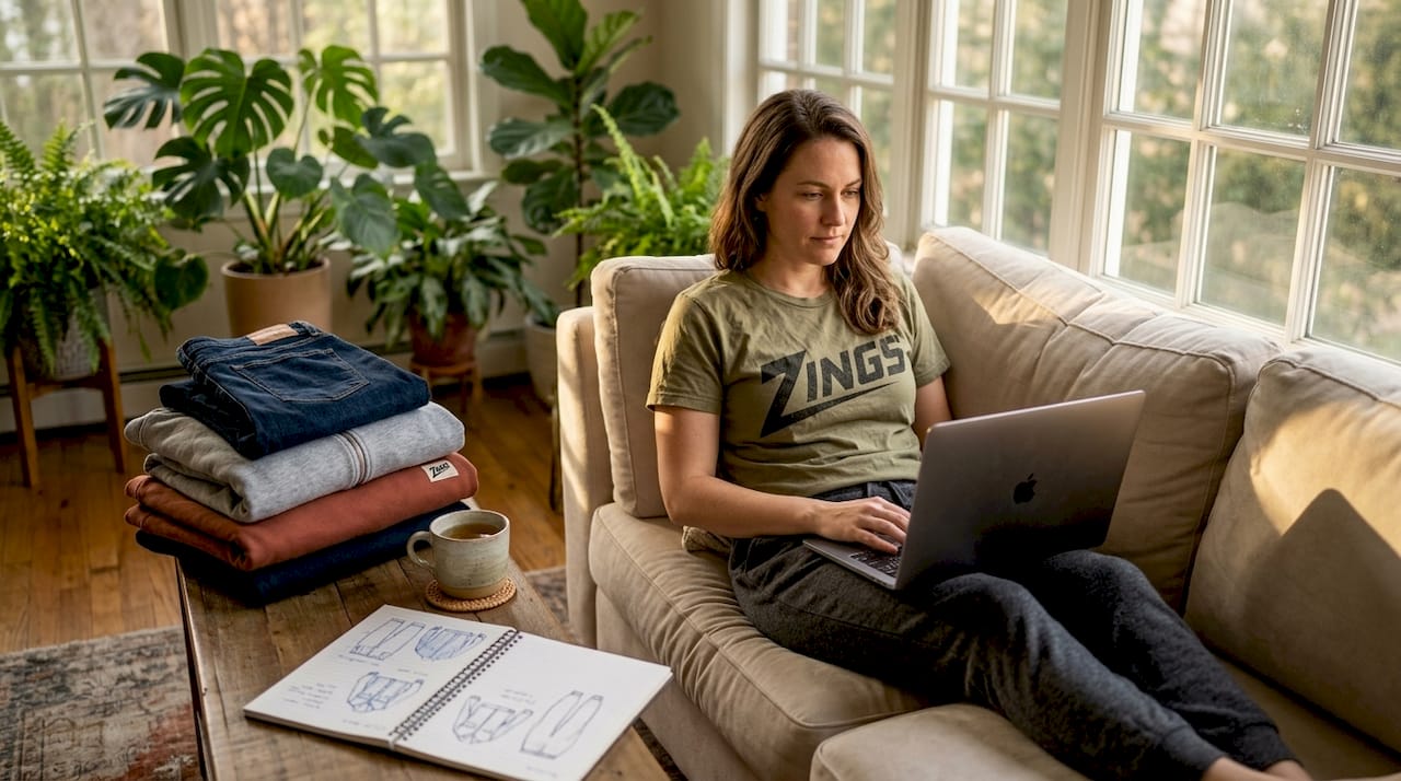 Woman shops online for casualwear in living room