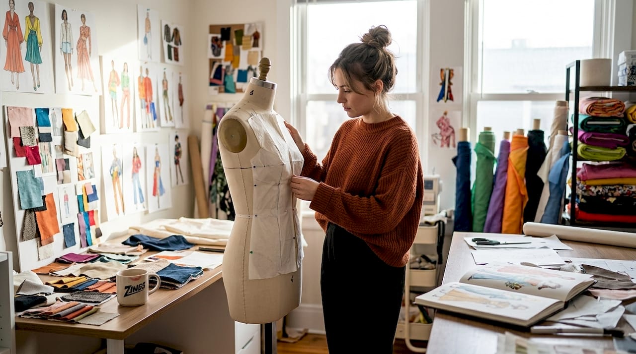 Fashion designer studying dress form in studio