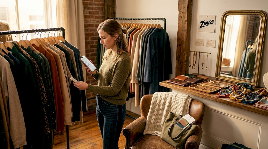Woman checks notes while shopping for clothes