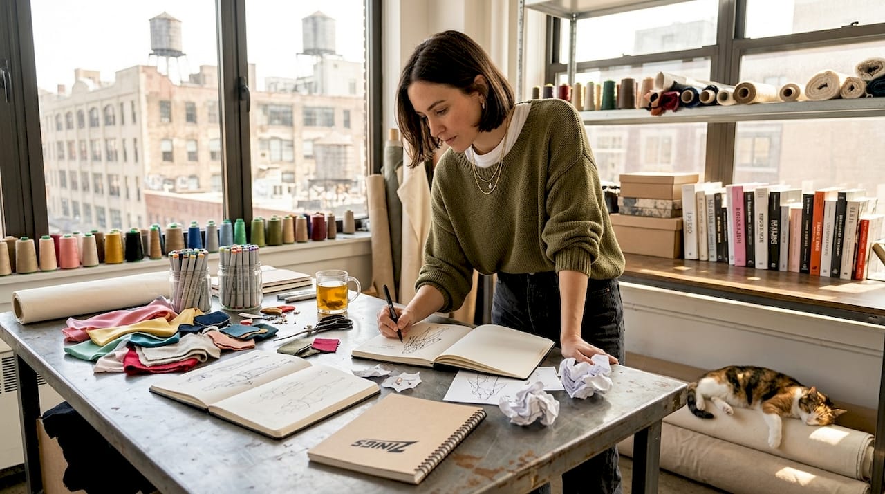 Fashion designer sketching in sunny studio