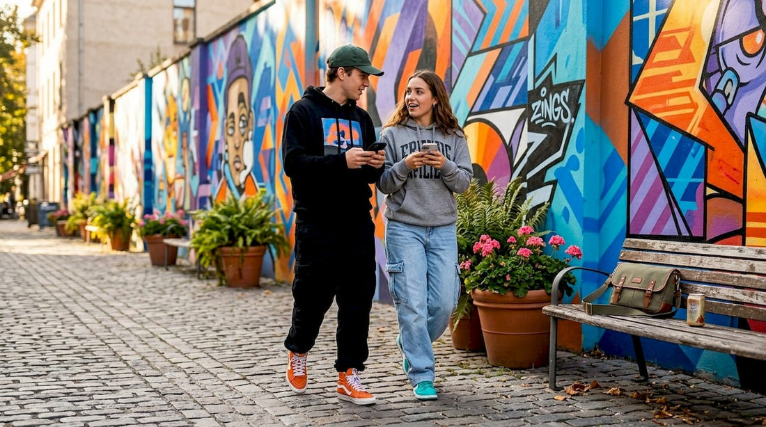 Urban streetwear style walking near mural