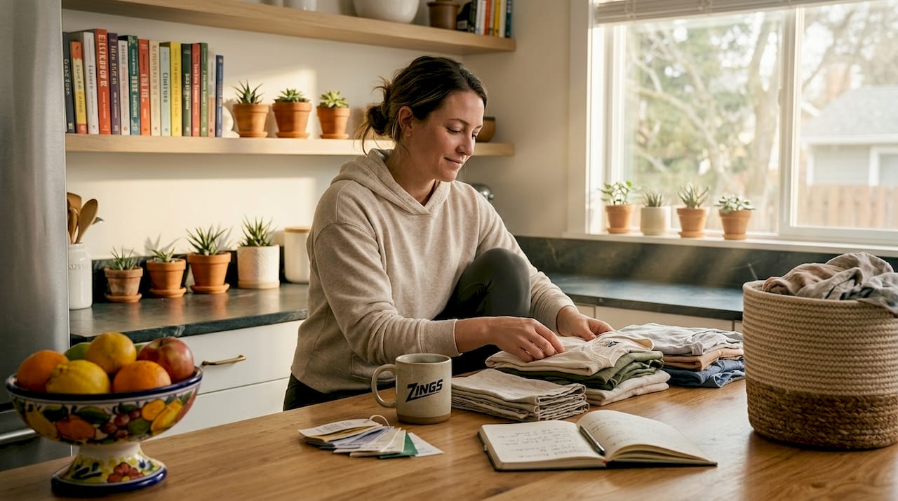 Woman sorting organic cotton laundry at home