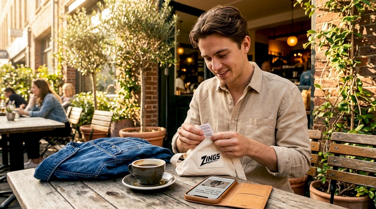Person examining fabric label on casual shirt
