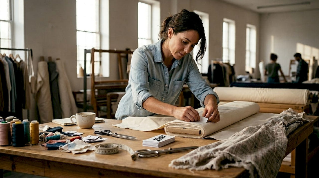 Textile worker labeling organic cotton fabric