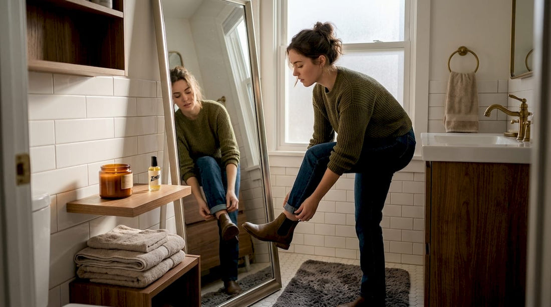 Fashion blogger adjusting jeans cuff in loft