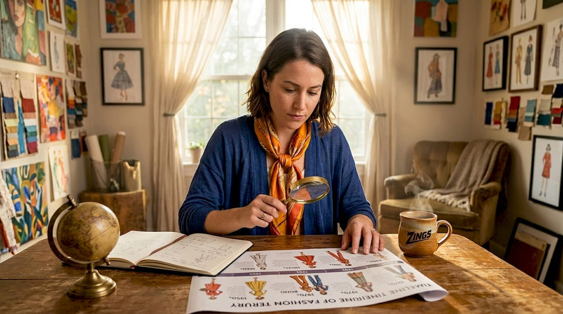 Researcher examining fashion trend timeline