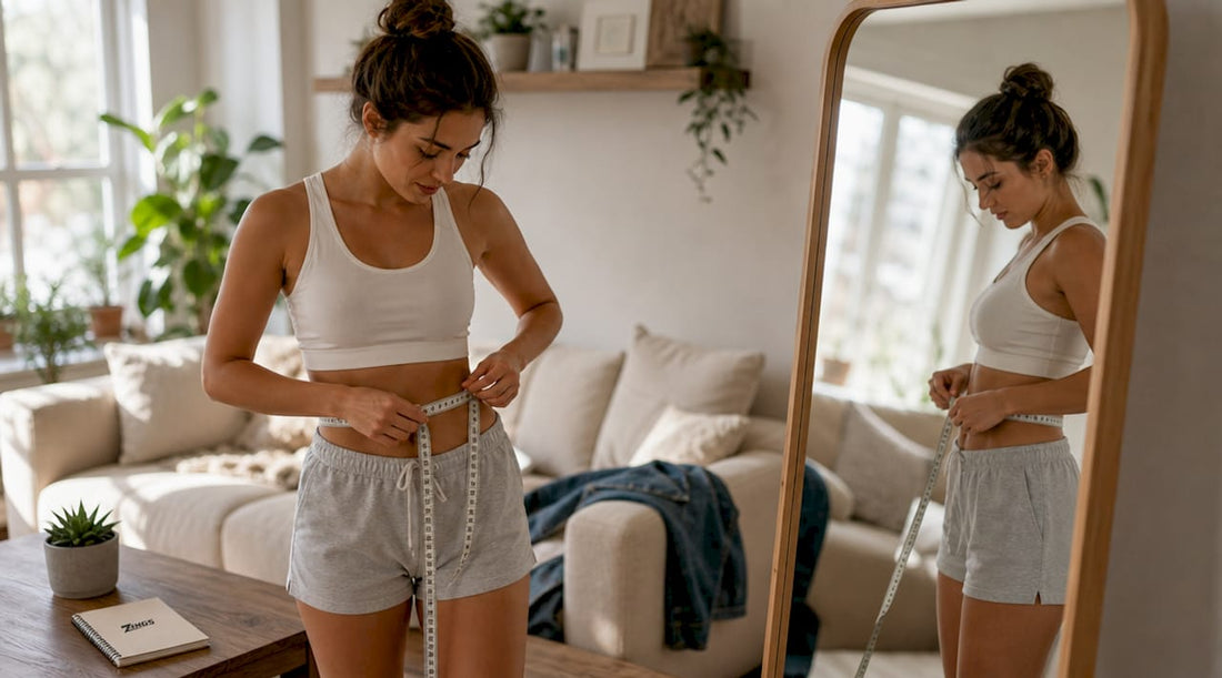 Woman measuring waist for jeans fitting
