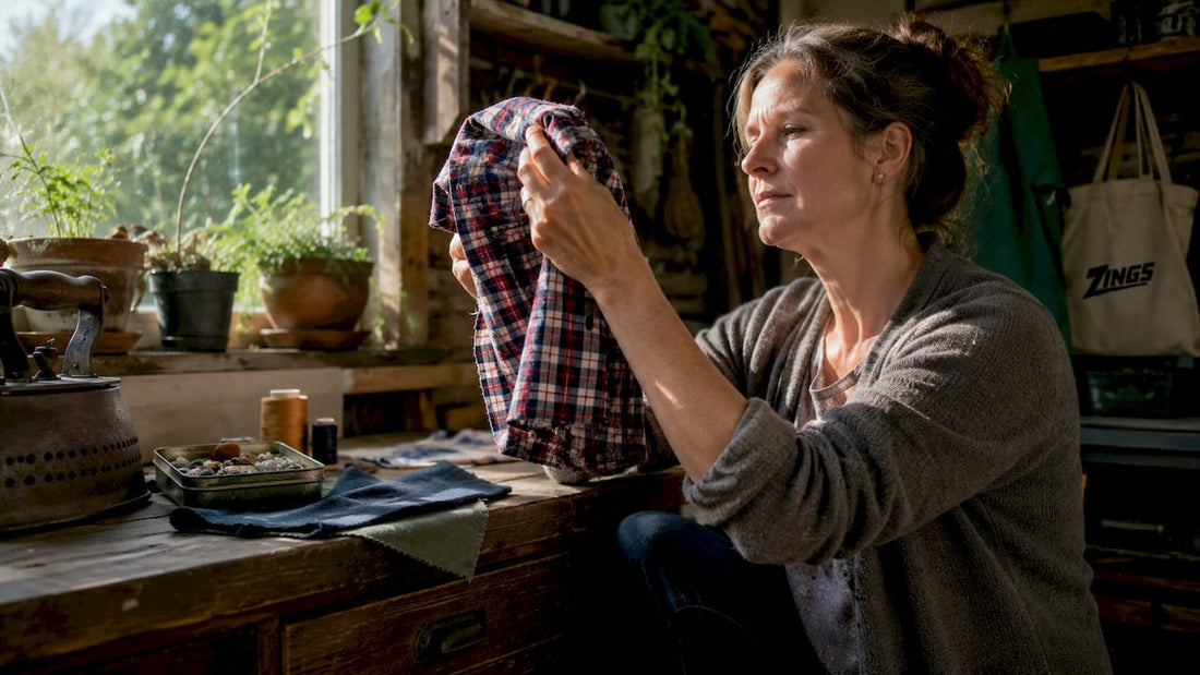 Woman examining fabric quality at home
