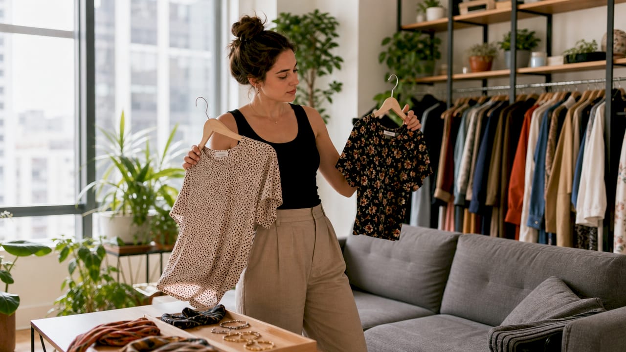 Woman mixing clothes in front of mirror