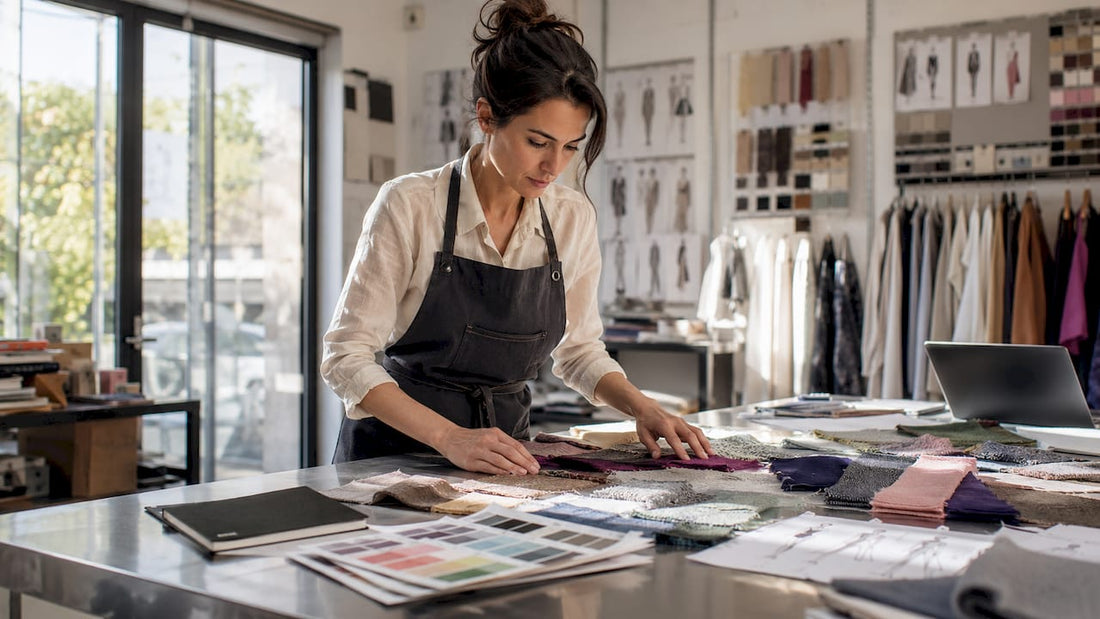 Woman inspecting fabric swatches in textile lab