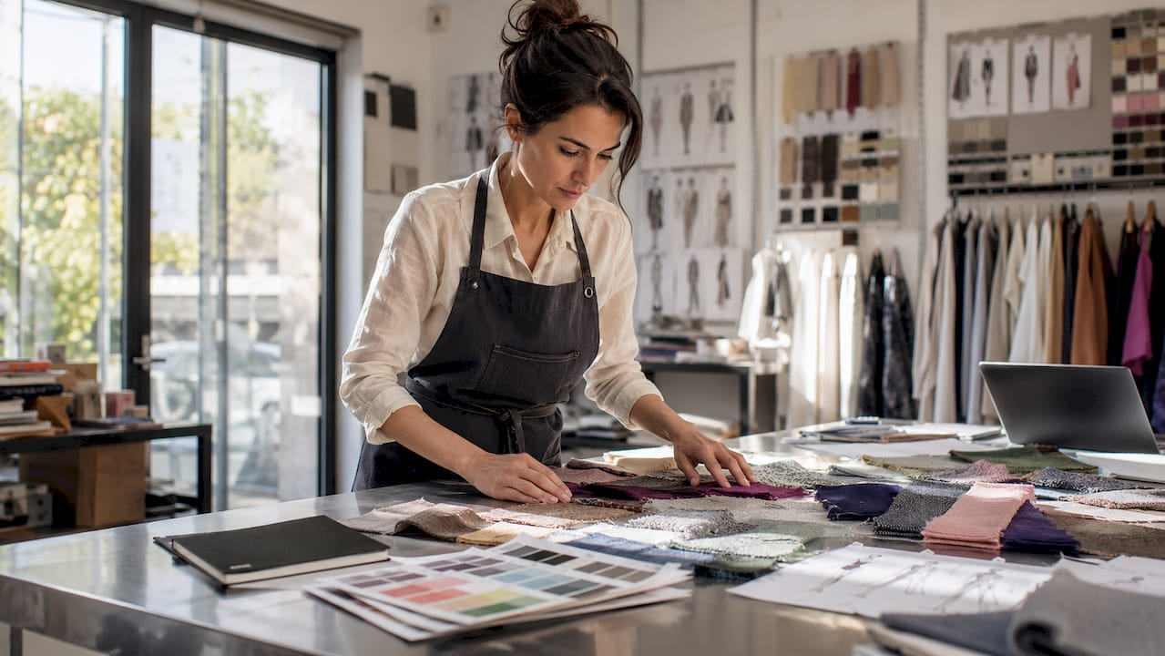 Woman inspecting fabric swatches in textile lab