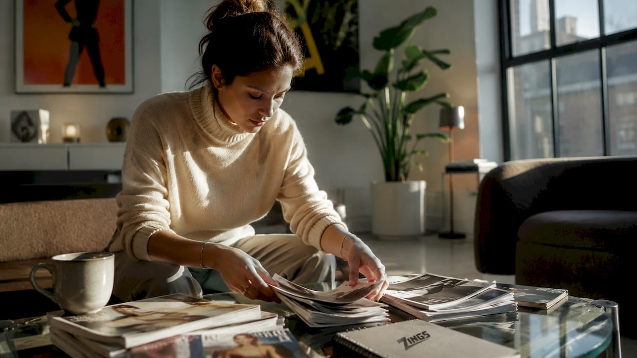 Woman sorting fashion photos for selection workflow
