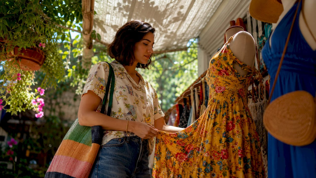 Shopper feeling fabric of casual shirt in bright store
