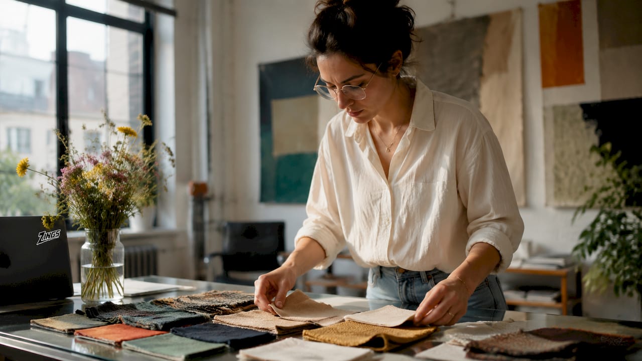Textile designer reviewing fabric samples