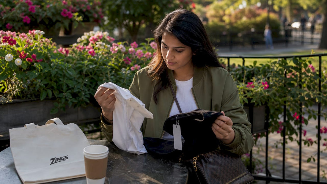 Woman comparing price tags on fashion items