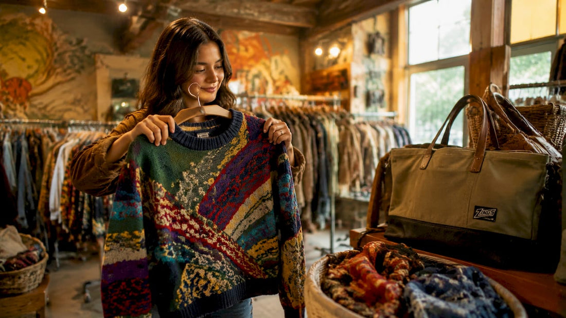 Woman examining sustainable clothing in boutique