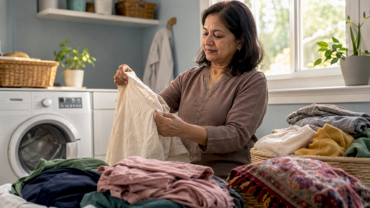Woman sorting laundry by fabric and color