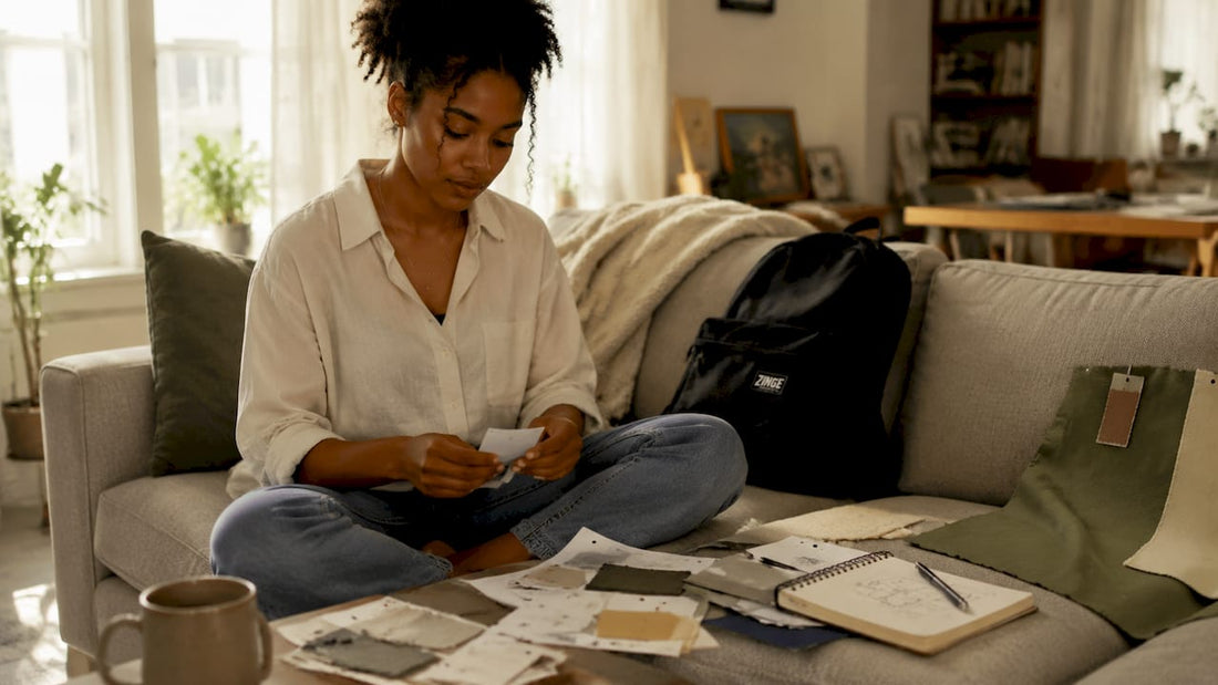 Woman reviewing ethical fashion tags at desk