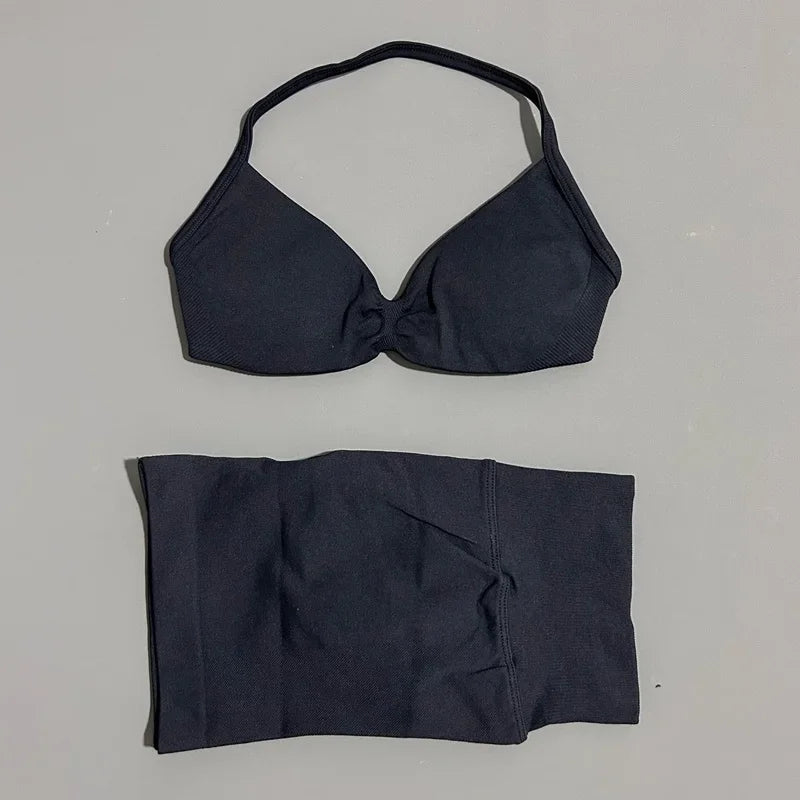 2 Piece Sports Set Women Strappy Yoga Bra Gym Workout Scrunch Shorts Sports Suit Fitness Clothes Seamless Yoga Set