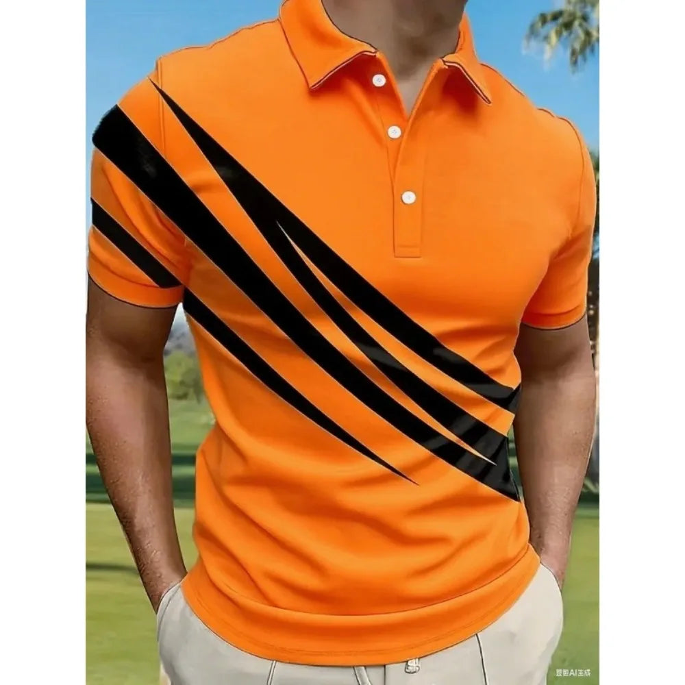 Summer Variegated Pattern Design Men's Short Sleeved White Button-up Polo Shirt Comfortable and Casual Daily Wear 100% Polyester