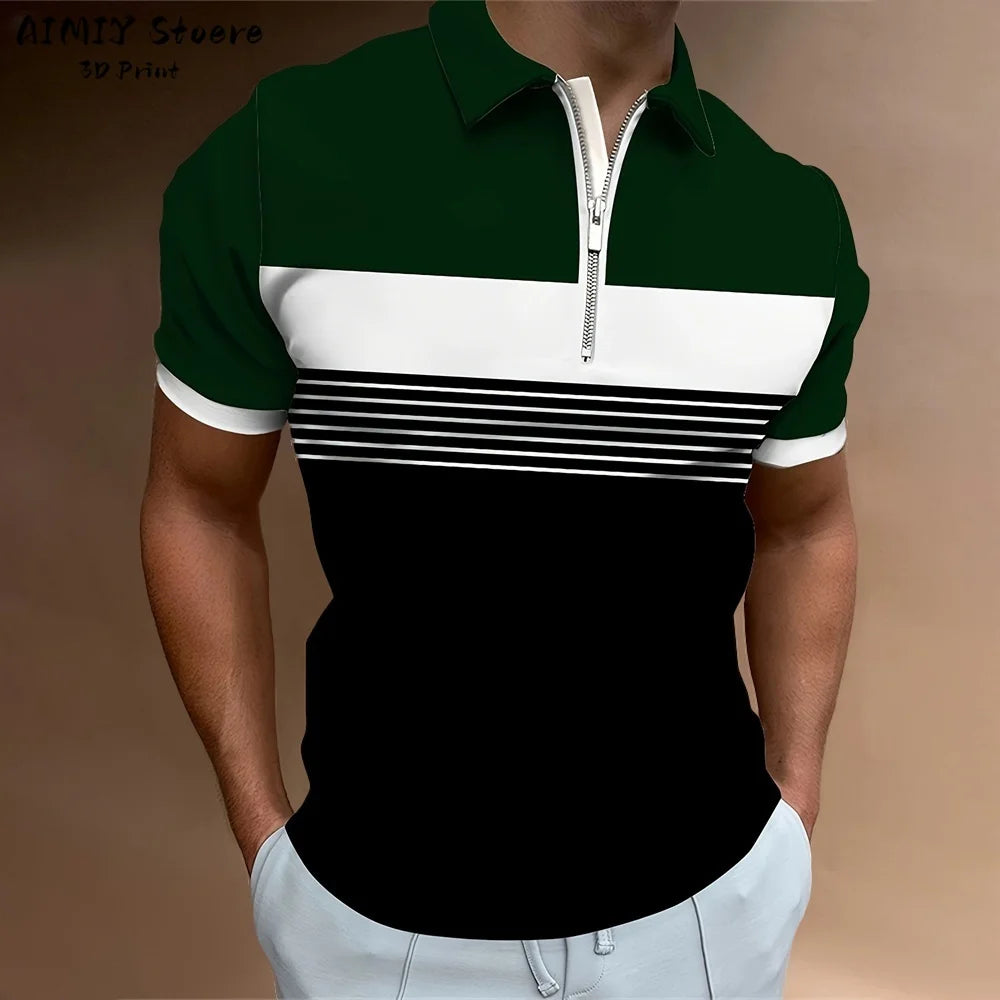 Men's Polo Shirt Striped Polo Shirt Casual Men's Top Short Sleeve Lapel Shirt White Base Gray Stripe Versatile Business Wear