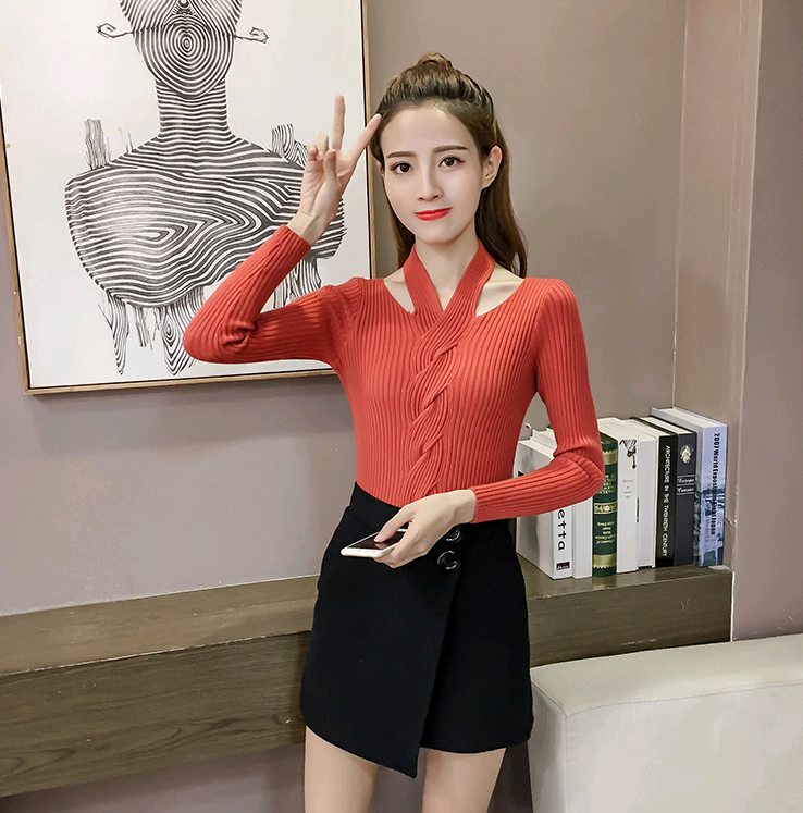 Women's Long Sleeve T-Shirt, Fashionable V-Neck Knit Top