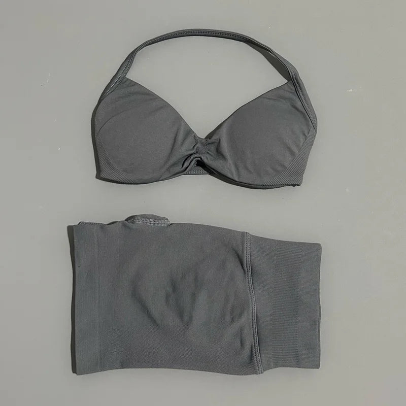2 Piece Sports Set Women Strappy Yoga Bra Gym Workout Scrunch Shorts Sports Suit Fitness Clothes Seamless Yoga Set