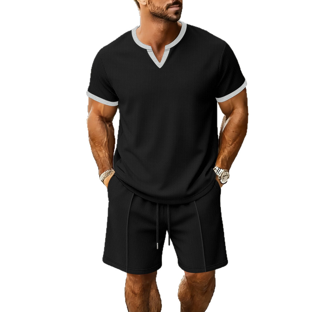 Waffle Pattern Men's V-Neck T-Shirt and Shorts