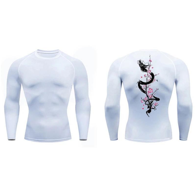 Dragon Blossom Print Compression Shirt for Men Athletic Quick Dry T-shirts Gym Workout Running Tees Long Sleeve Tops Activewear
