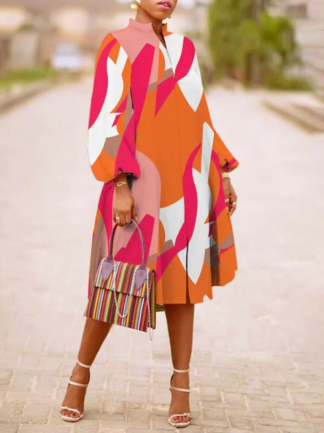 Women's V-neck Long Sleeve Dress with Lantern Sleeves