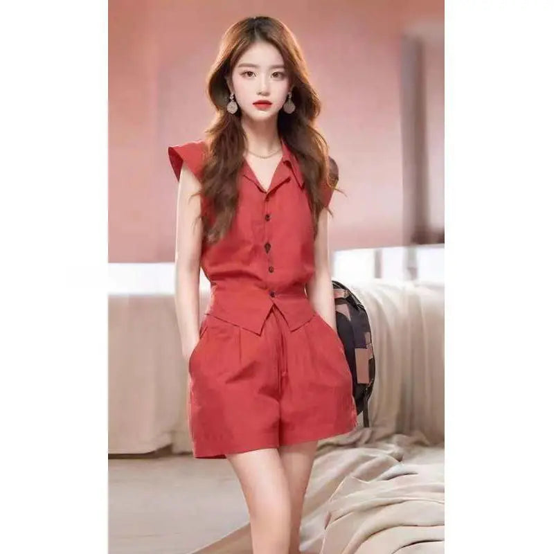 New Fashion Slim Summer Women's Suit Lapel Sleeveless Solid Color Shirt Top + Casual Wide Leg Short Two Piece Set