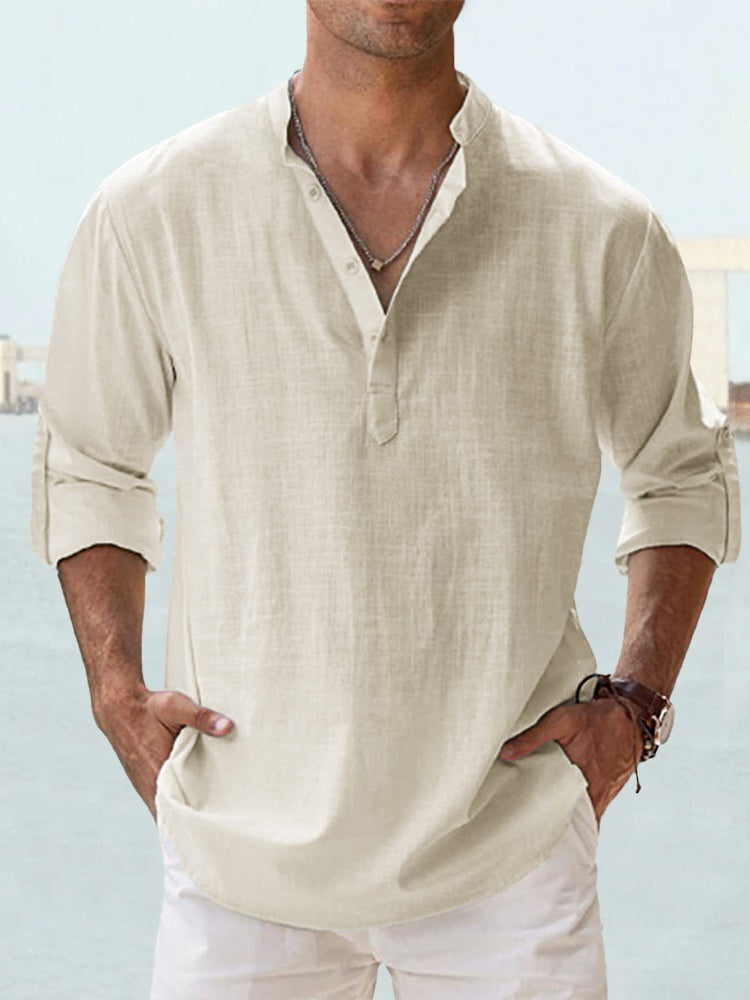 Mens Linen Collar Long Sleeve Cotton Shirt