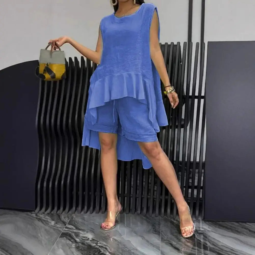 Women's Cotton Linen Two Piece Set Irregular Ruffle Hem Sleeveless Top Drawstring Shorts Summer Casual Outfit Retro Female Wear
