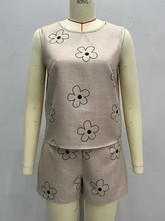 Women's Spring and Summer Simple and Fashionable Breathable Printed Round Neck Sleeveless Top with Elastic Waistband Shorts Set