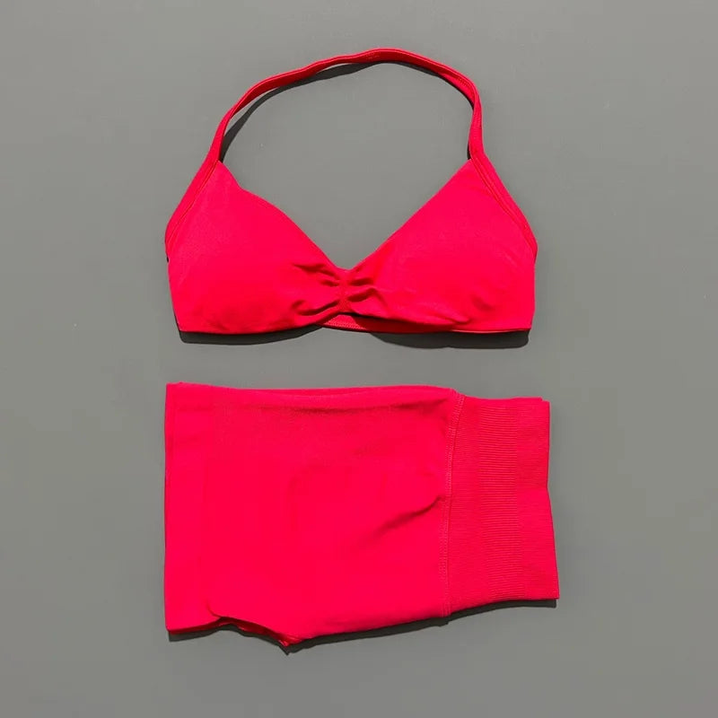 2 Piece Impact Sports Set Women Strappy Yoga Bra Gym Workout Scrunch Shorts Sports Suit Fitness Clothes Seamless Yoga Set